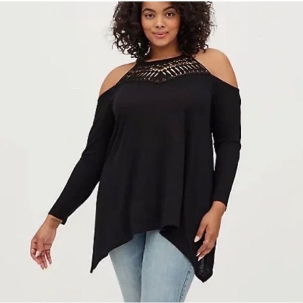 Torrid Black Knit Crochet Neck Cold Shoulder Long Sleeve Top